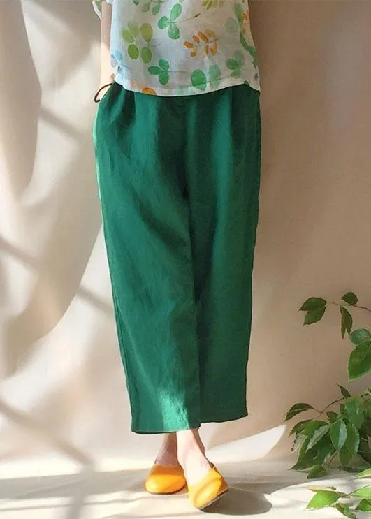 Unique Green Pants Summer Pockets Elastic Waist Sewing Pant