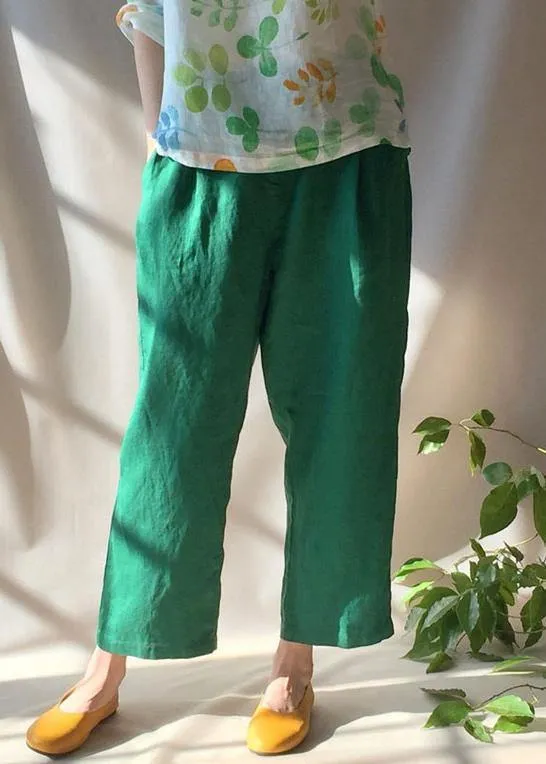 Unique Green Pants Summer Pockets Elastic Waist Sewing Pant