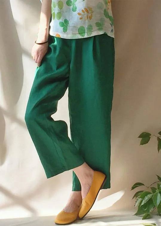 Unique Green Pants Summer Pockets Elastic Waist Sewing Pant