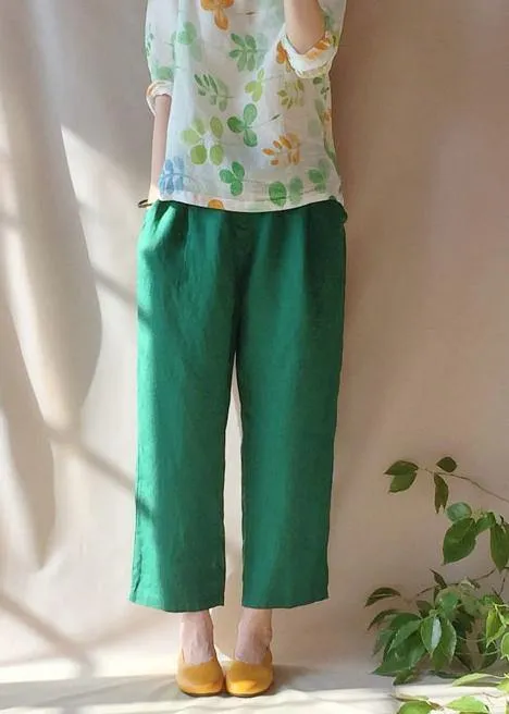 Unique Green Pants Summer Pockets Elastic Waist Sewing Pant