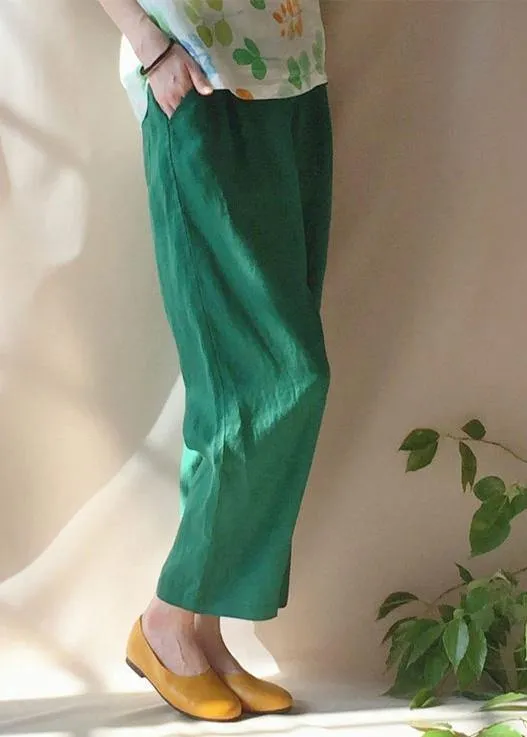 Unique Green Pants Summer Pockets Elastic Waist Sewing Pant