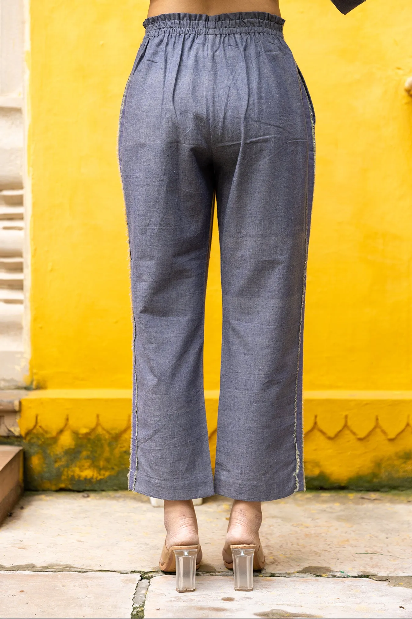 Yarn-Dyed Cotton Zari Pants with Elastic Waist and Side Pockets